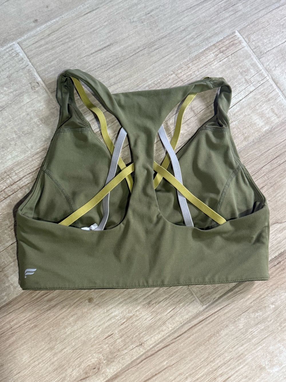 Fabletics M Olive Green Sports Bra w/ Yellow and Gray Criss Cross Straps EUC